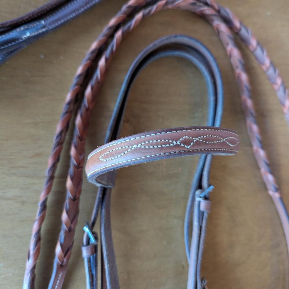 Crosby Raised Fancy Stitched English Bridle with braided reins- Cob Size